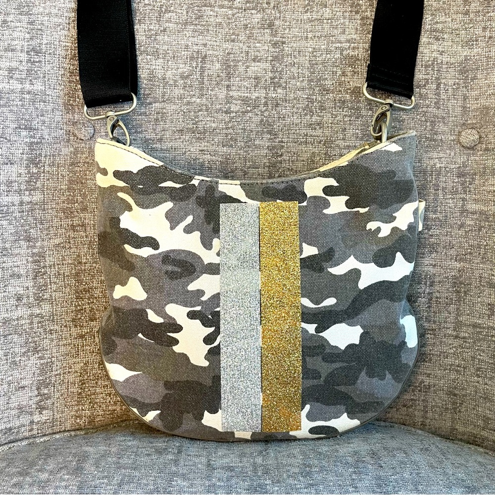 Quilted Koala Kanvas Mini City Bag Gray Camo Canvas Crossbody Bag Guitar Strap
